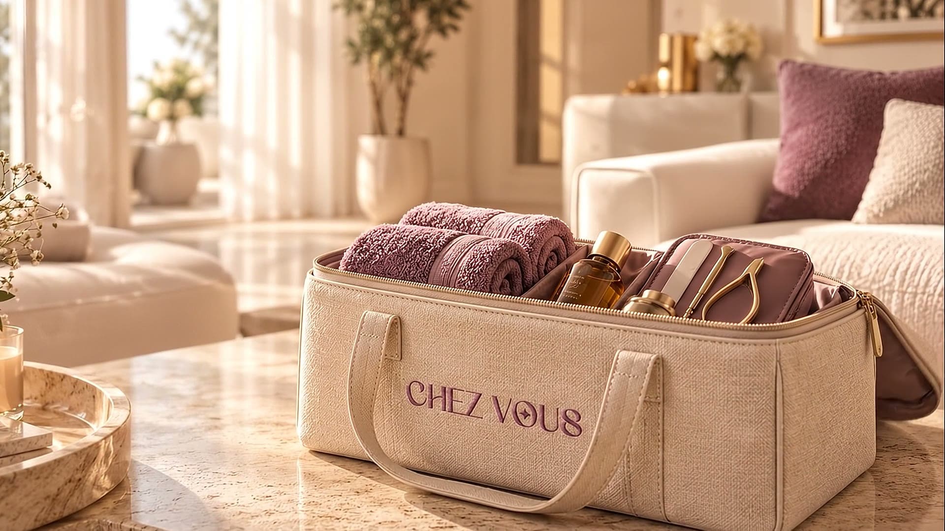 حقيبة CHEZ VOUS مفتوحة فيها مناشف موف وزيت وأدوات أظافر، في غرفة جلوس مضيئة.