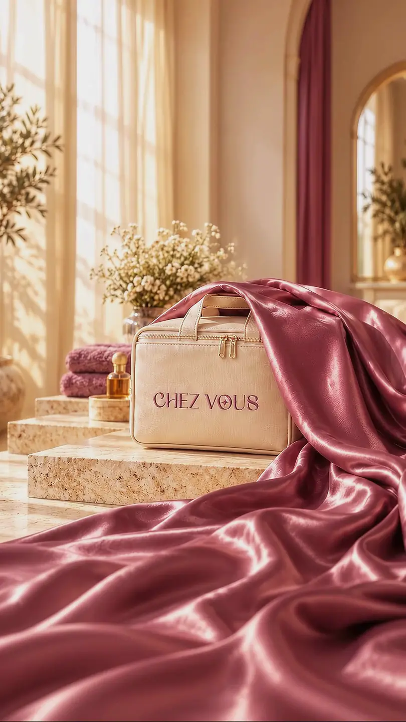 حقيبة تجميل من CHEZ VOUS بلون كريمي على درجة حجرية في غرفة مشمسة، وقد انسدل عنها قماش حريري بلون موف.