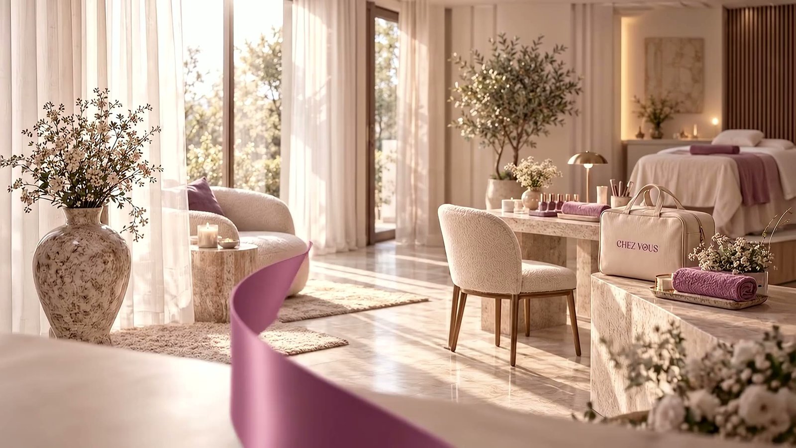 A mauve ribbon drifting through a sunlit living room towards a manicure table and the CHEZ VOUS bag.